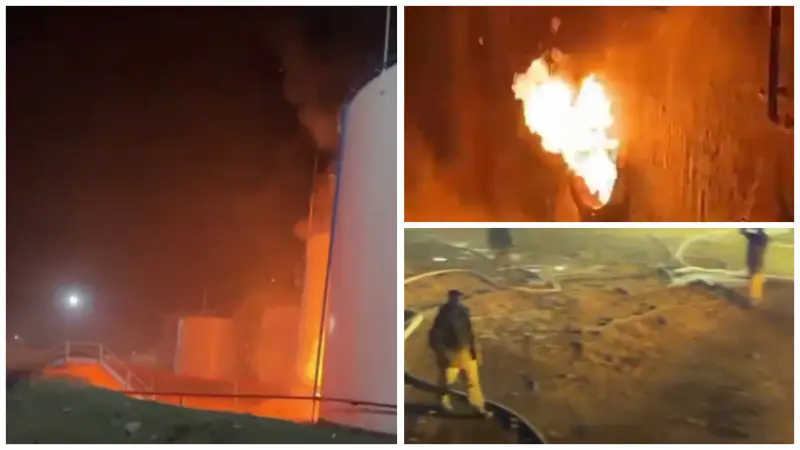 Пожар на нефтебазе в Туркестане: огонь быстро распространяется на улице Саттарханова {city2}