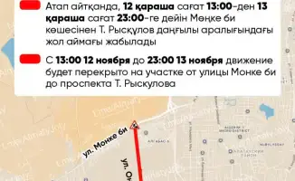В Алматы временно перекроют участок улицы Ф.Онгарсыновой на время ремонта