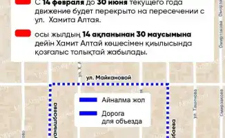 Перекрытие улицы Серикова в Алматы: с 14 февраля по 30 июня идут ремонтные работы