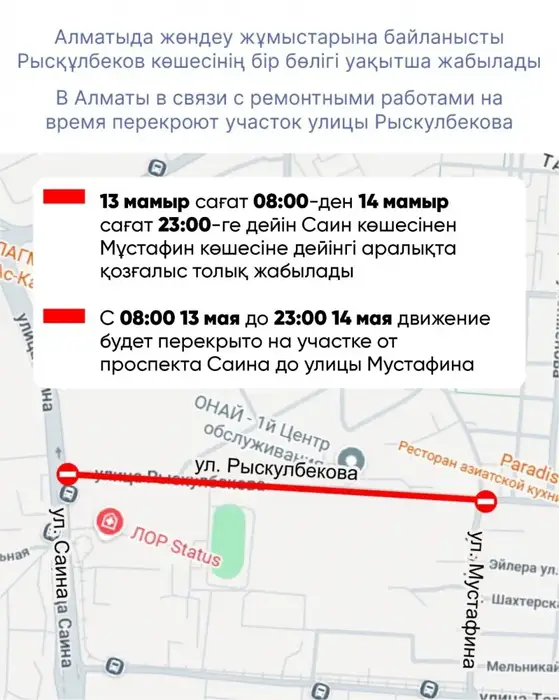 В Алматы с 08:00 13 мая временно перекроют участок улицы Рыскулбекова до 23:00 14 мая из-за ремонта {city2}