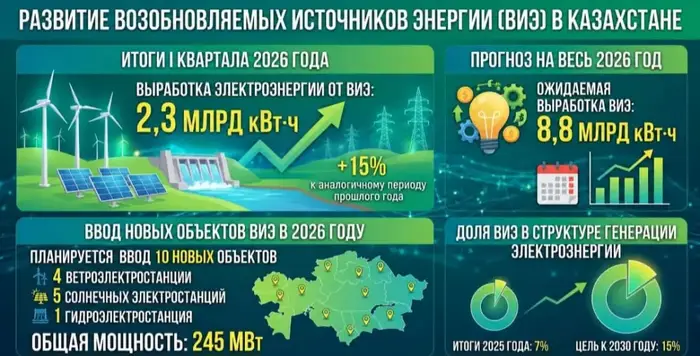 Рост производства «зеленой» энергии в Казахстане: 15% увеличения в I квартале 2026 года {city2}