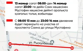 В Алматы с 08:00 13 мая временно перекроют участок улицы Рыскулбекова до 23:00 14 мая из-за ремонта